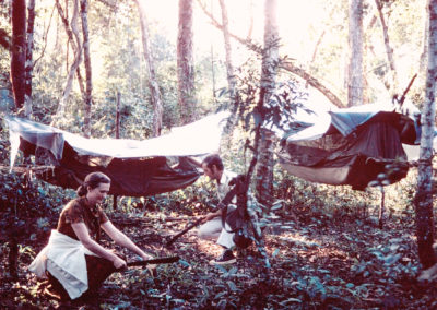 Sue practising jungle skills by her jungle hammock